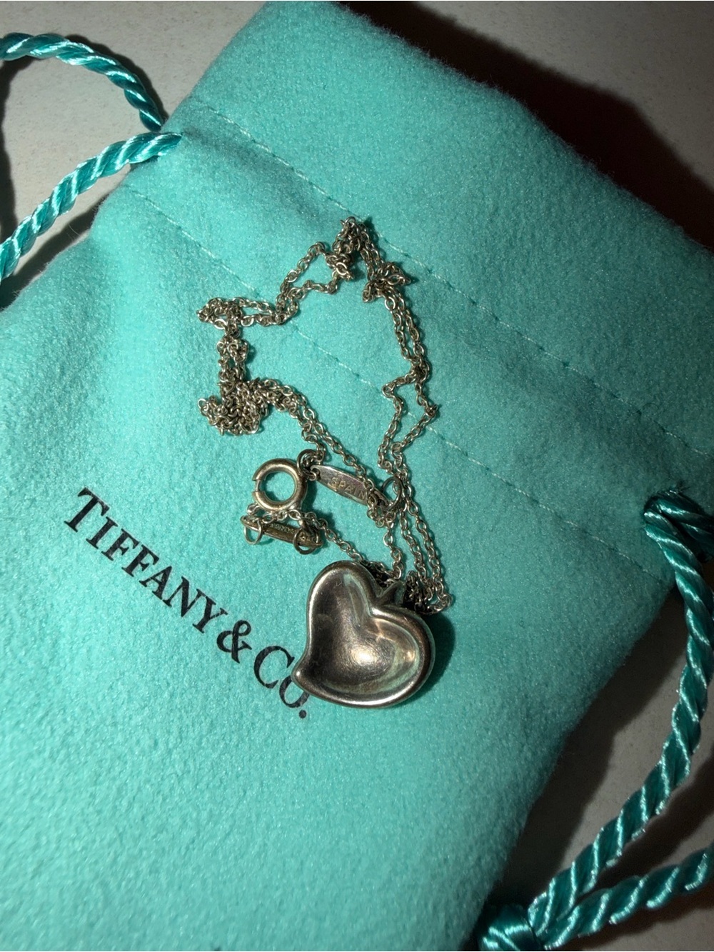Tiffany & Co. Silver Heart Pendant Necklace on Signature Blue Pouch